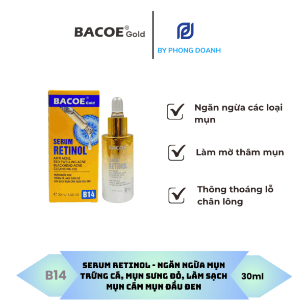 BACOE GOLD SERUM NGĂN NGỪA MỤN TRỨNG CÁ, MỤN SƯNG ĐỎ, LÀM SẠCH MỤN CÁM MỤN ĐẦU ĐEN-RETINOL 30ML