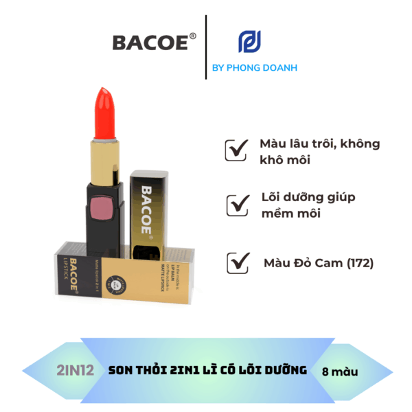 BACOE SON THỎI LÌ CÓ DƯỠNG MÀU ĐỎ CAM
