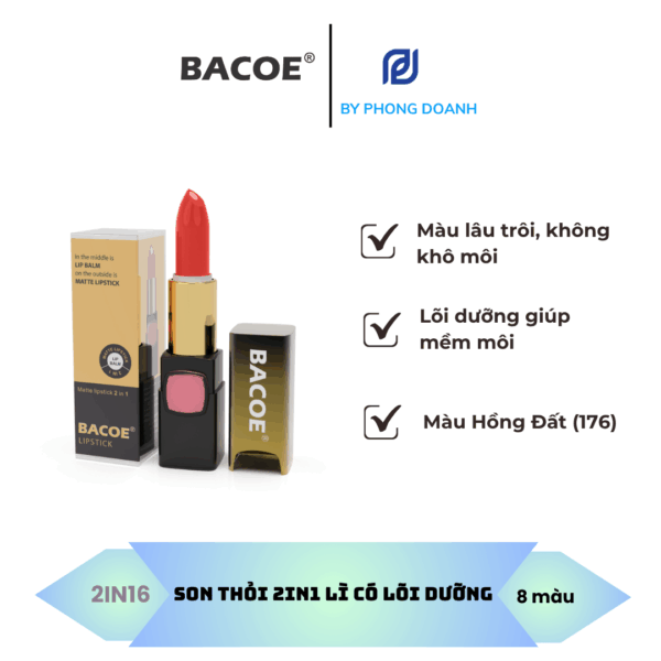 BACOE SON THỎI LÌ CÓ DƯỠNG MÀU HỒNG ĐẤT