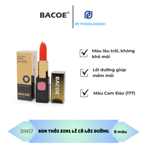 BACOE SON THỎI LÌ CÓ DƯỠNG MÀU CAM ĐÀO
