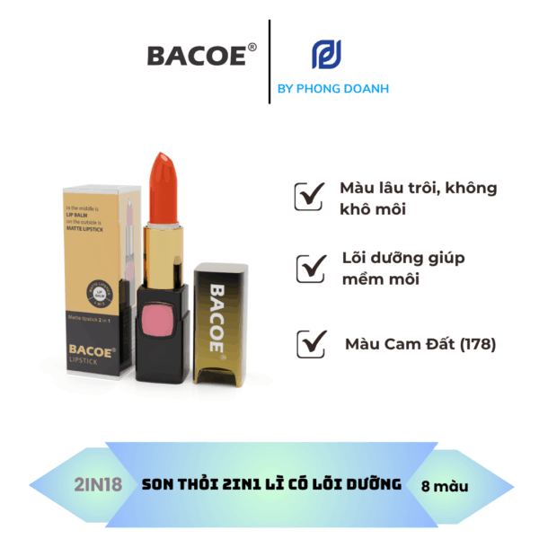 BACOE SON THỎI LÌ CÓ DƯỠNG MÀU CAM ĐẤT